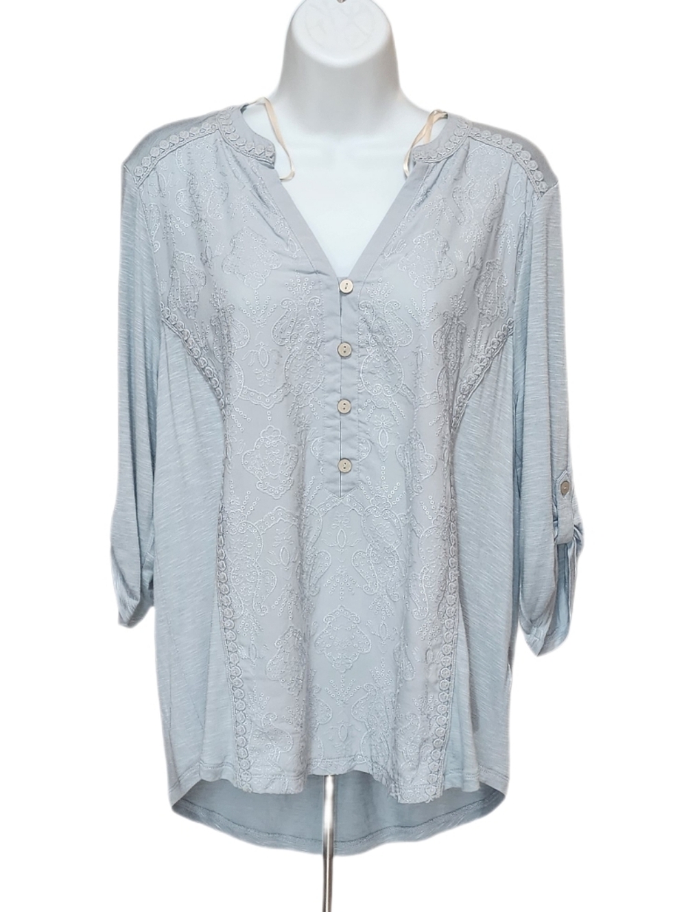 Democracy Embroidered Lace Blouse Top Split Neck Roll Tab 3/4 Sleeves Blue M